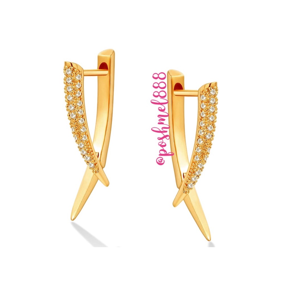 :: [GOLD] Delicate Pavé Hoops Dagger Spike Huggie Earrings - Picture 3 of 6